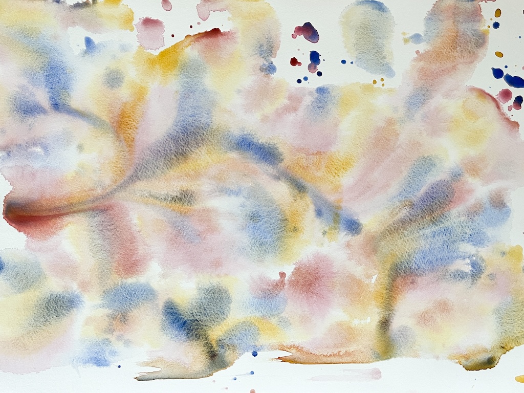 Akvarellimaalaus, jossa märkää märälle tekniikalla sattumanvaraisesti levitettyjä ja tiputettuja kolmen päävärin aikaansaamia läikkiä ja pisaroita