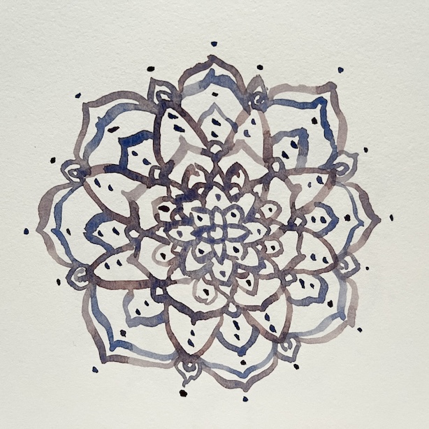 Ultramariinilla ja englannin punaisella maalattu akvarellimandala