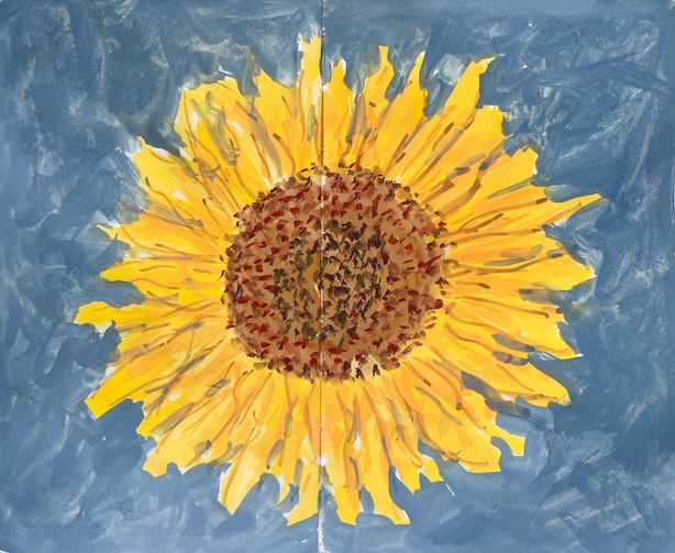 Luonnoskirja-aukeama, jossa maalattu auringonkukka