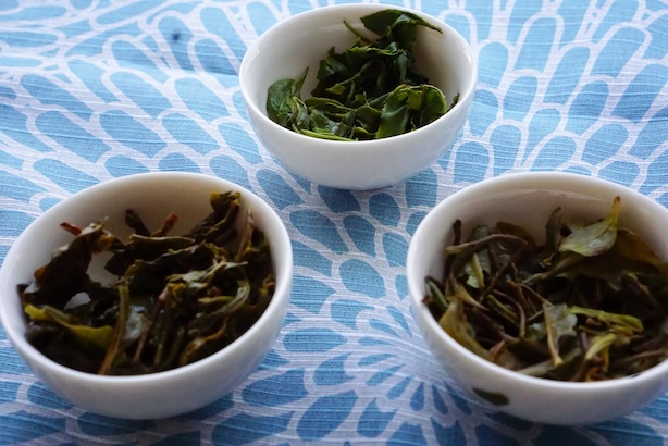 Valokuva kolmesta teekupista, joissa kunkin teemaistelulajun haudutetut teenlehdet