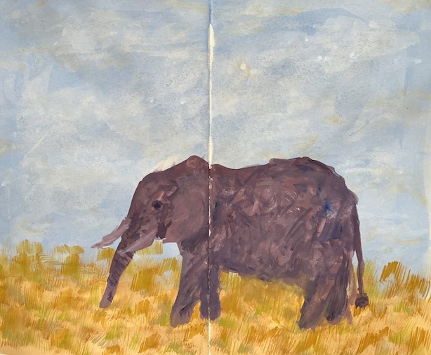 Luonnoskirja-aukeama, jossa maalattu elefantti