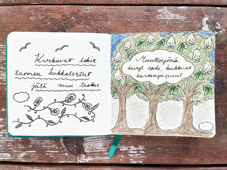 Valokuva luonnoskirja-aukeamasta, jolle on kirjoitettu ja kuvitettu kaksi haikua