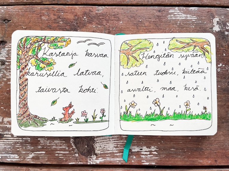 Valokuva luonnoskirja-aukeamasta, jolle on kirjoitettu ja kuvitettu kaksi haikua