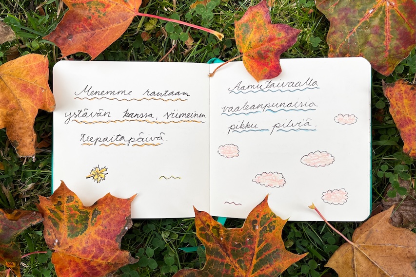 Valokuva luonnoskirja-aukeamasta, jolle on kirjoitettu ja kuvitettu kaksi haikua