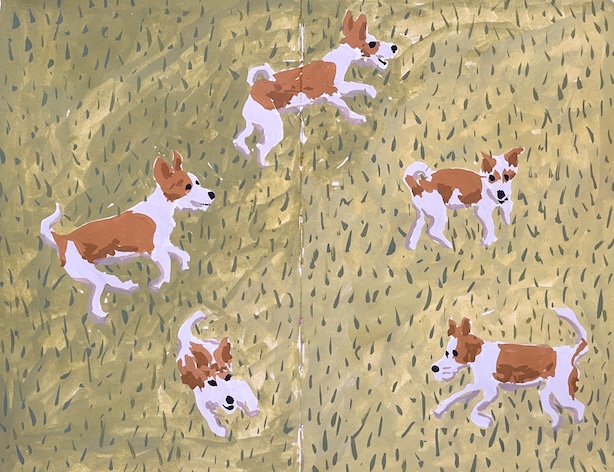 Luonnoskirja-aukeama, jossa maalattuja juoksevia koiria