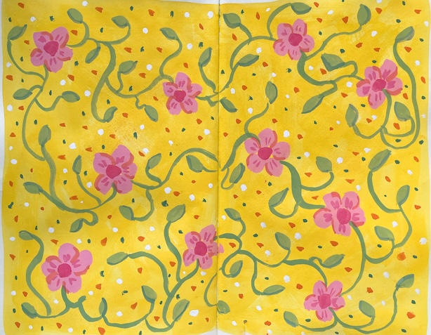 Luonnoskirja-aukeama, jolla kirkkaankeltaiselle taustalle maalattu guassikuva vaaleanpunaisten kukkien köynnöksestä