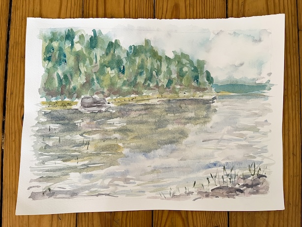 Akvarellimaalaus järvimaisemasta