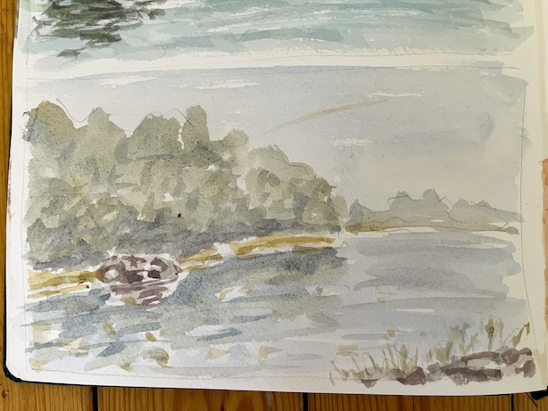 Akvarelliluonnos järvimaisemasta