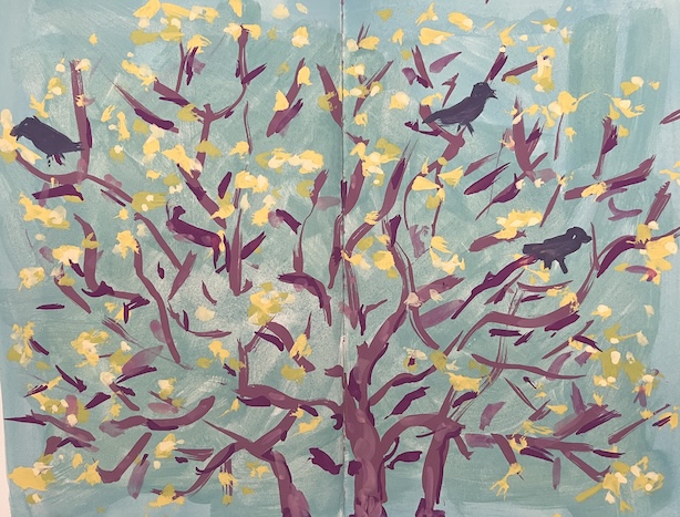 Luonnoskirjassa guassimaalaus kukkivasta vaahteranlatvasta, jossa kolme tummaa lintua sinistä taustaa vasten.