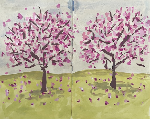Luonnoskirjassa guassimaalaus kahdesta kukkivasta kirsikkapuusta.