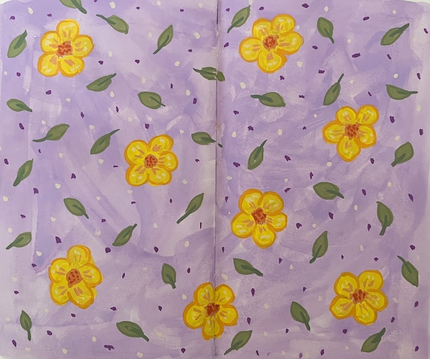 Luonnoskirja-aukeama, jolle on maalattu liilalle pohjalle keltaisia kukkia ja vihreitä lehtiä