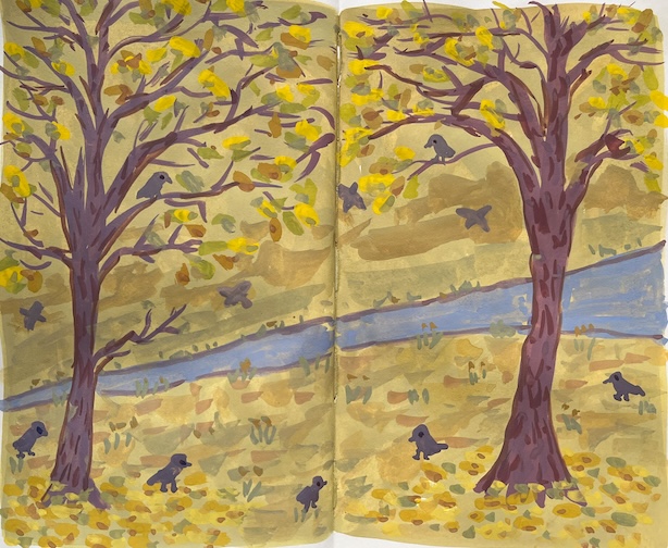Luonnoskirja-aukeama, jolle on maalattu hillityillä väreillä guassimaalaus kahdesta sysyisestä, harvalehtisestä puusta, joiden välissä seisoo ja lentelee pieniä, harmaita ja tummia lintuja, taustalla puro