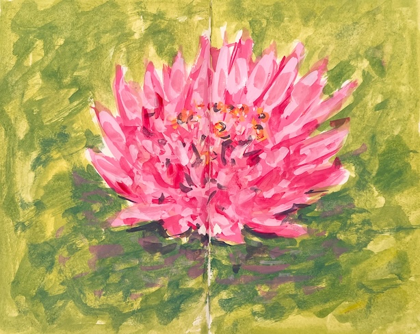 Maalaus vaaleanpunaisesta lootuskukasta lämpimän vihreää taustaa vasten