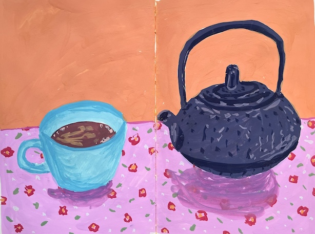 Luonnoskirja-aukeama, jolla tummanoranssia taustaa vasten guassimaalaus teehetkestä