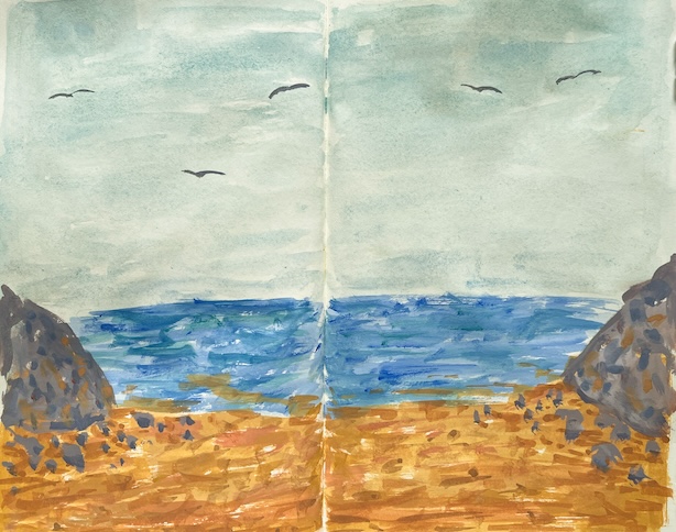 Lunnoskirja-aukeama, jolle on maalttu guassikuva merinäköalasta