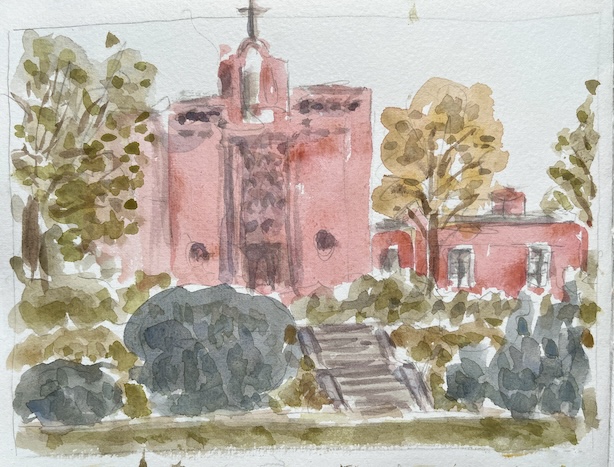 Akvarellimaalaus kirkosta