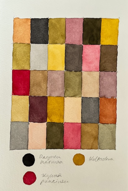 Esimerkkiruudukko mustan, kylmän punaisen ja keltaokran värisekoitusyhdistelmästä