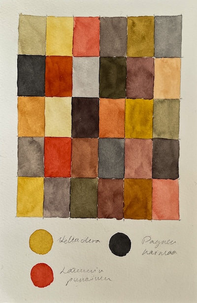 Esimerkkiruudukko mustan, lämpimän punaisen ja keltaokran värisekoitusyhdistelmästä