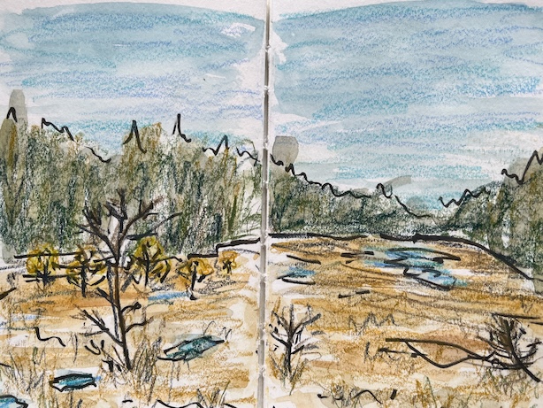 Luonnoskirja-aukeama, jossa selatekniikkaluonnos keväisestä suomaisemasta