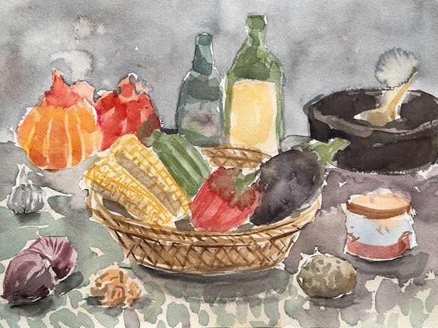 Akvarellimaalaus, jossa sysksyinen asetelma keittoaineksista