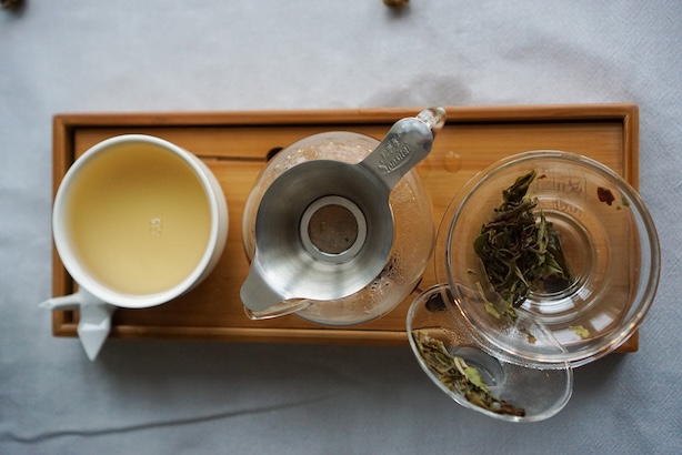 Kuva teemaisteluastioista ja teestä kupissa otettuna ylhäältäpäin