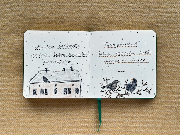 Luonnoskirja-aukeama, jossa kaksi kuvitettua talvista haikua mustarastaista ja lumesta.