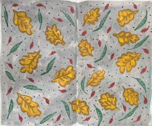 Luonnoskirja-aukeama, jolle on maalattu harmaalle taustalle guassikuva keltaisista tammenlehdistä, pienistä punaisista lehdistä ja pitkulaisista vihreistä lehdistä