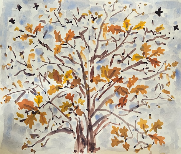 Luonnoskirja-aukeama, jossa guassilla maalattu harva- ja keltalehtinen tammi, siniharmaata taivasta ja lentäviä lintuja