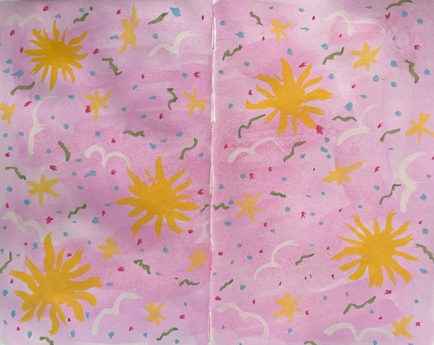 Luonnoskirja-aukeama, jossa maalattu aurinkokuvio vaaleanpunaiselle pohjalle