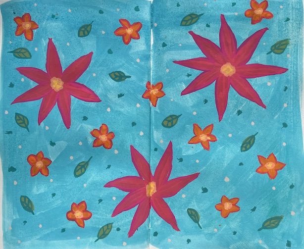 Luonnoskirja-aukeama, jolle on maalattu turkoosille taustalle guassikuva kolmesta suuresta korallinvärisestä kukasta