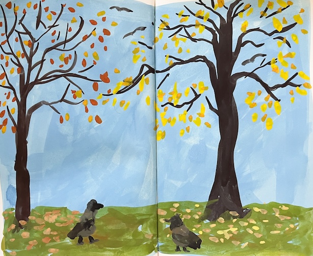 Luonnoskirja-aukeama, jossa guassimaalaus nurmikosta, kahdesta variksesta, kahdesta harvalehtisestä, ruskaisesta puusta  kirkkaansinistä taivasta vasten