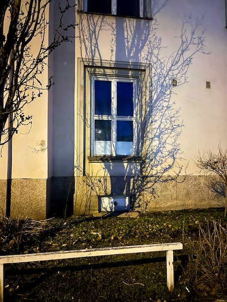 Yökuva kerrostaloseinästä, jolle heijastuu puun varjo.