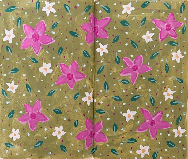 Luonnoskirja-aukeama, jolle on maalattu murretunvihreälle taustalle pinkkejä ja valkoisia kukkia ja kylmänvihreitä lehtiä