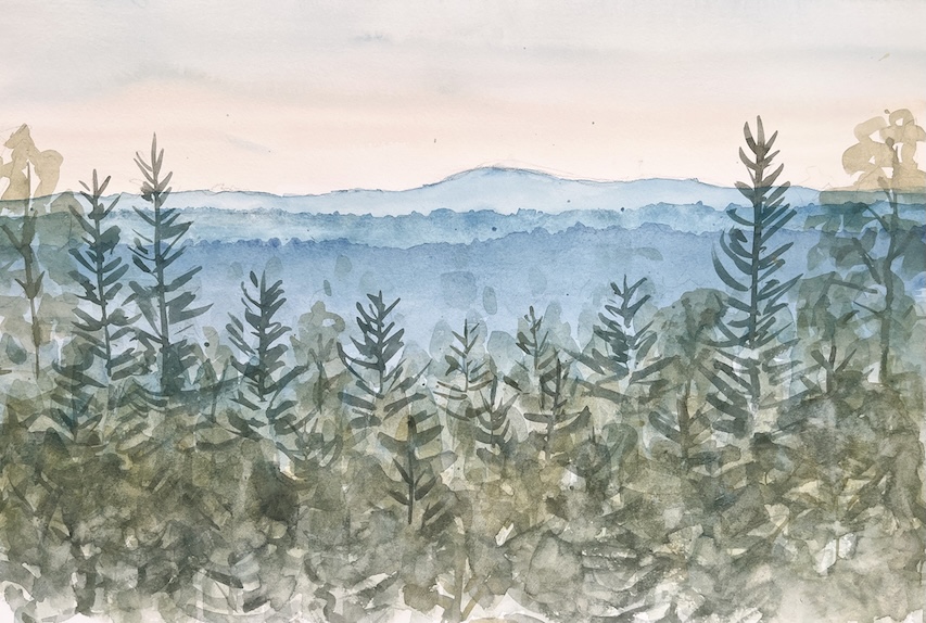 Akvarellimaalaus sinisestä vuorimaisemasta haaleaa aamutaivasta vasten. Etualalla metsää.